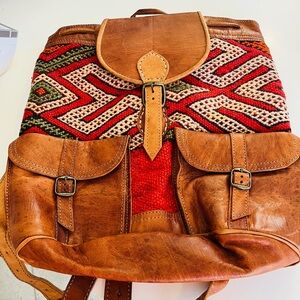 Hand stitched Moroccan Artisan Leather Backpack with Woven Design